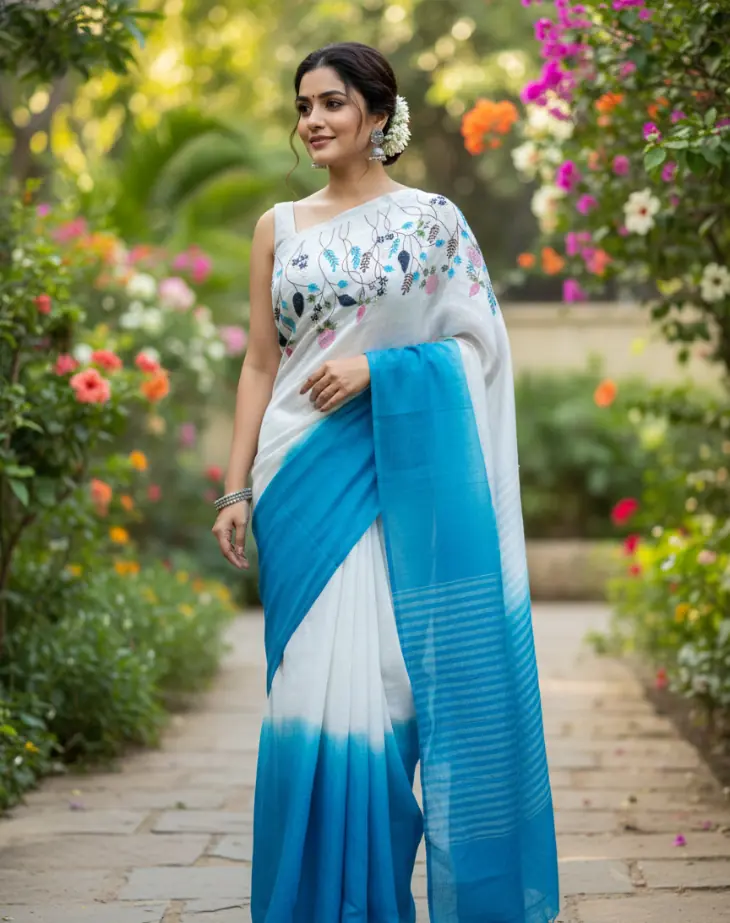 Neel Pushpa Handwoven Linen Saree