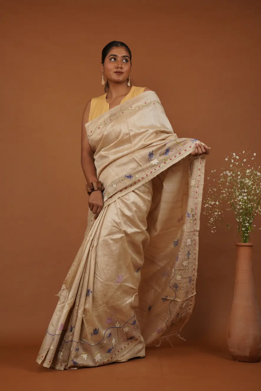 Lotus Pond Natual Beige Handwoven Tussar Silk Sujni Embrideory Saree - Limited Edition
