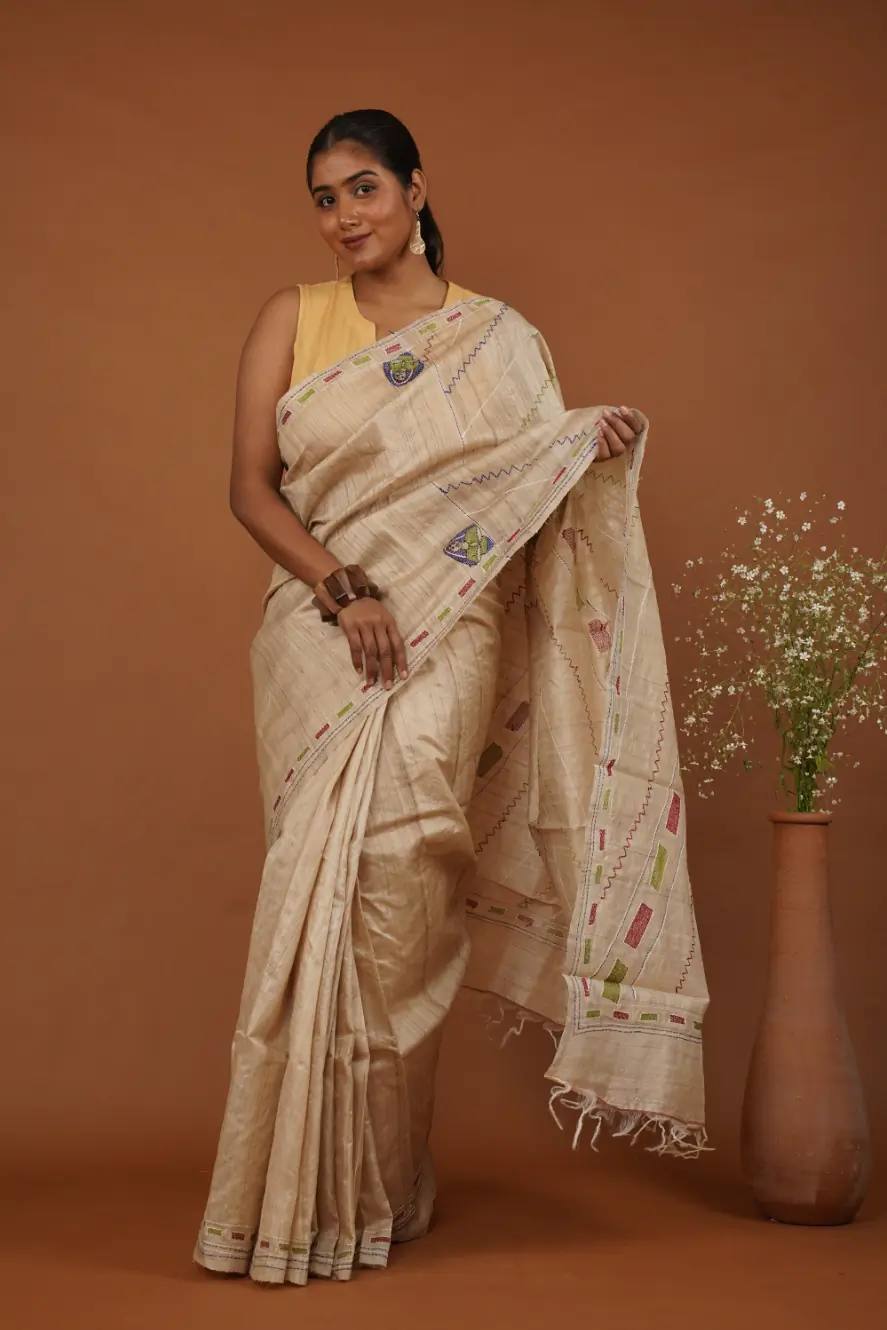 Namaste Women Ivory Handwoven Tussar Silk Sujni Embridory Saree Limited Edition