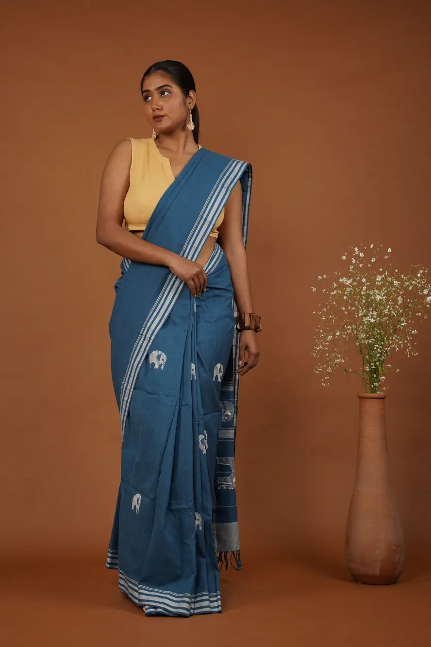 Elephant Family Indigo Blue Handwoven Bawan Buti Cotton Saree - Limited Edition