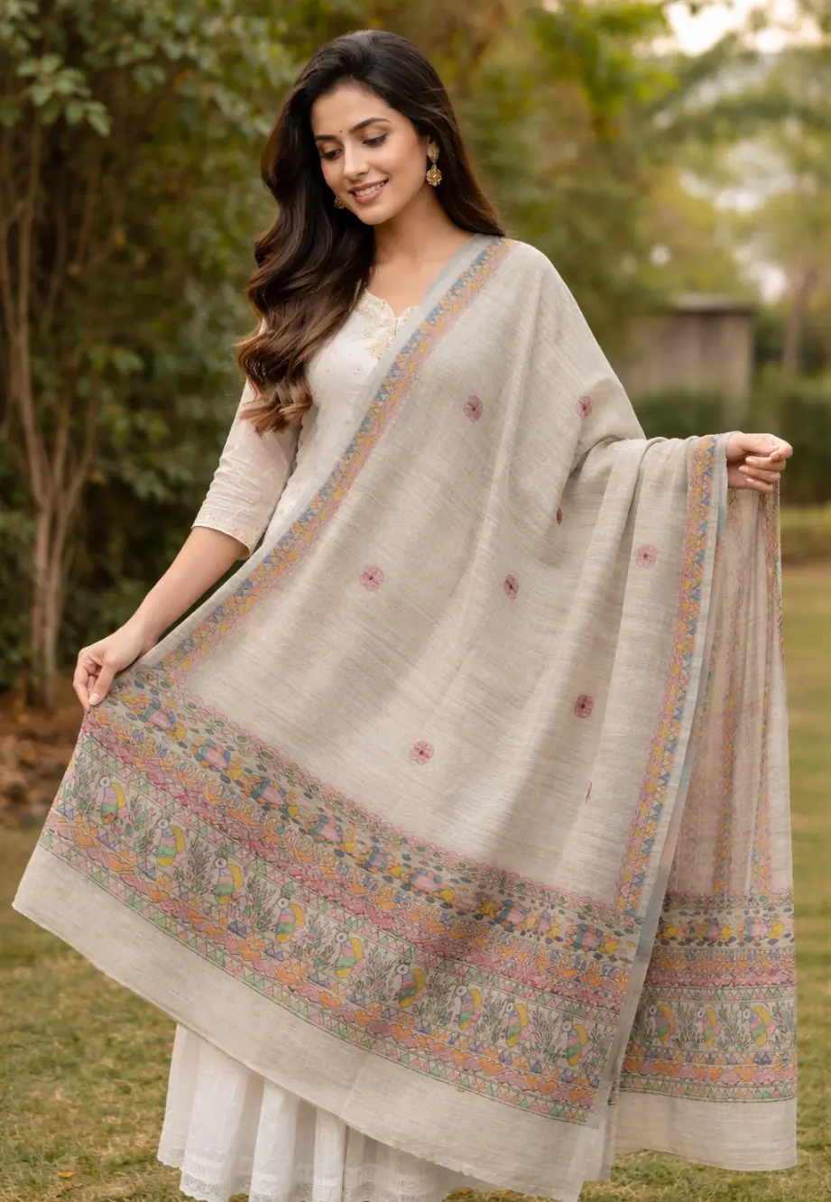 Handcrafted Ghicha Silk Dupatta Natural Beige
