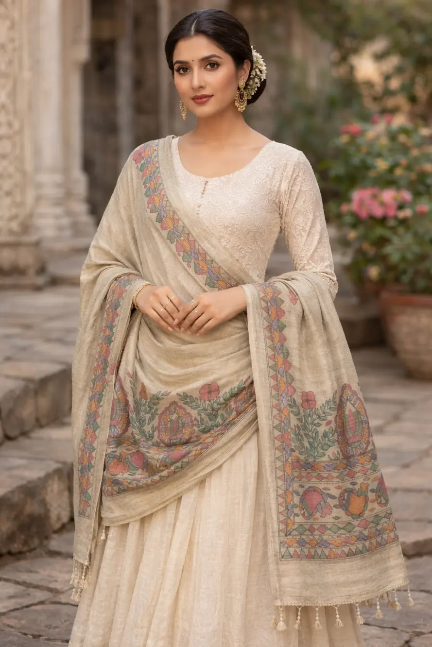 Raj Mithila Handcrafted Ghicha Dupatta Royal Sand Beige