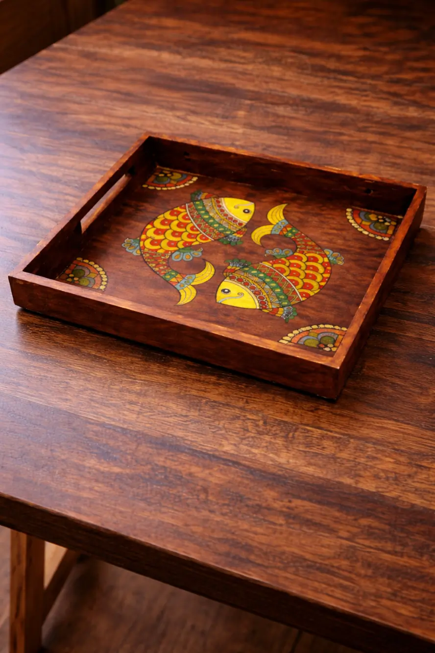 Handcrafted Wooden Serving Tray With Fish Motif Madhubani Painting