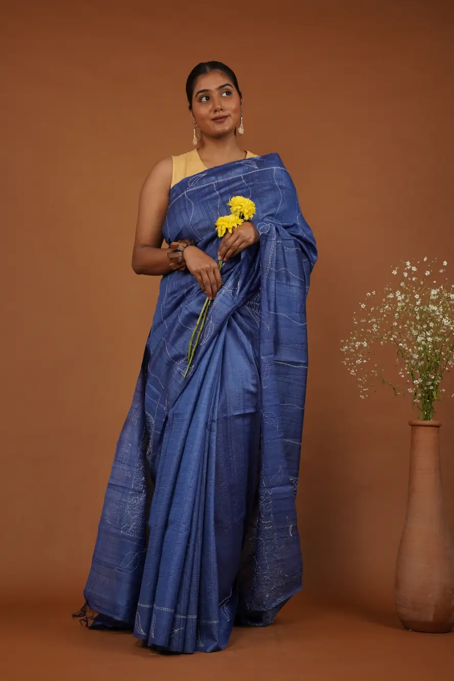 Dry Leaves Indigo Blue Colour Handwoven Sujni Embrideory Tussar Silk Saree - Limited Edition