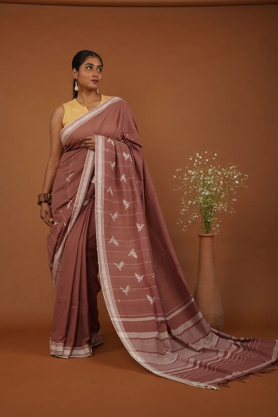 Flying Bird Handwoven Dusty Rose Bawan Buti Cotton Saree Limited Edition