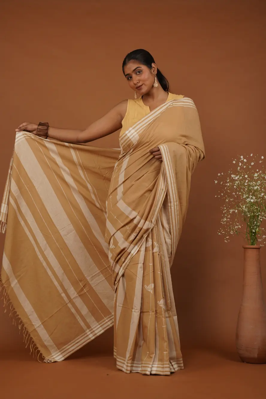 Flying Bird Handwoven Bawan Buti Mustard Beige Buti Cotton Saree Limited Edition
