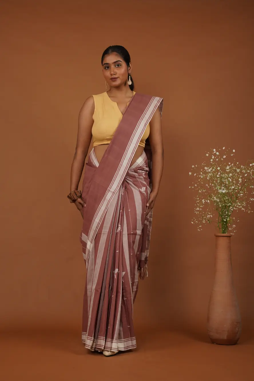 Flying Bird Handwoven Bawan Buti Terrocota Rose Cotton Saree Limited Editon