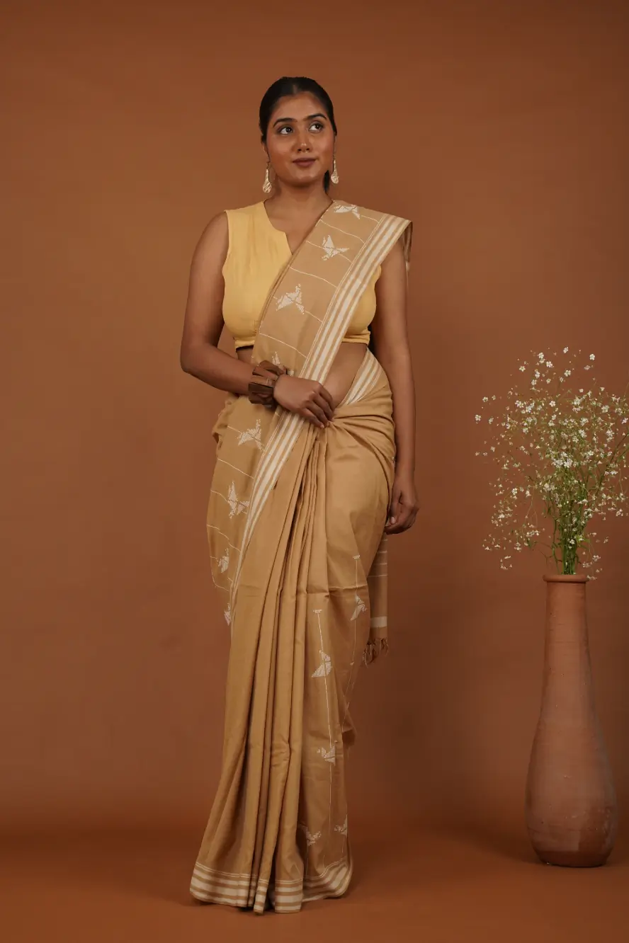 Flying Bird Handwoven Bawan Buti Golden Musturad Cotton Saree Limited Edition