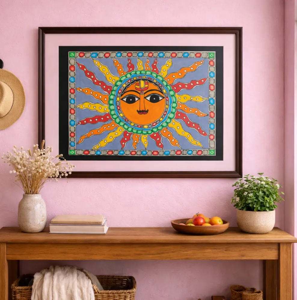 Traditional Sun Motif Madhubani Painting