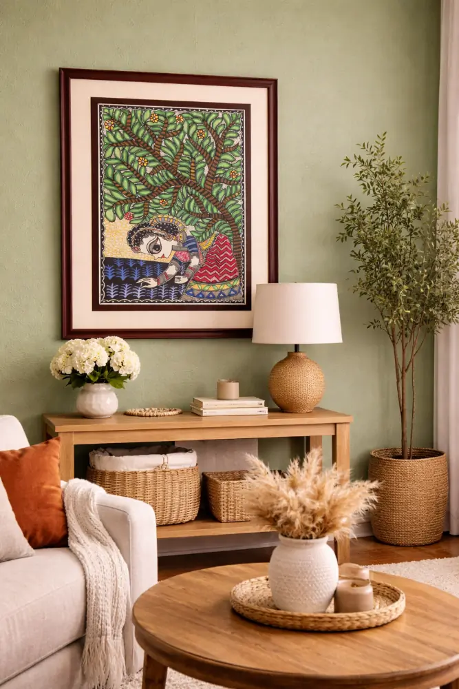 Village Woman & Tree Theme Madhubani Painting