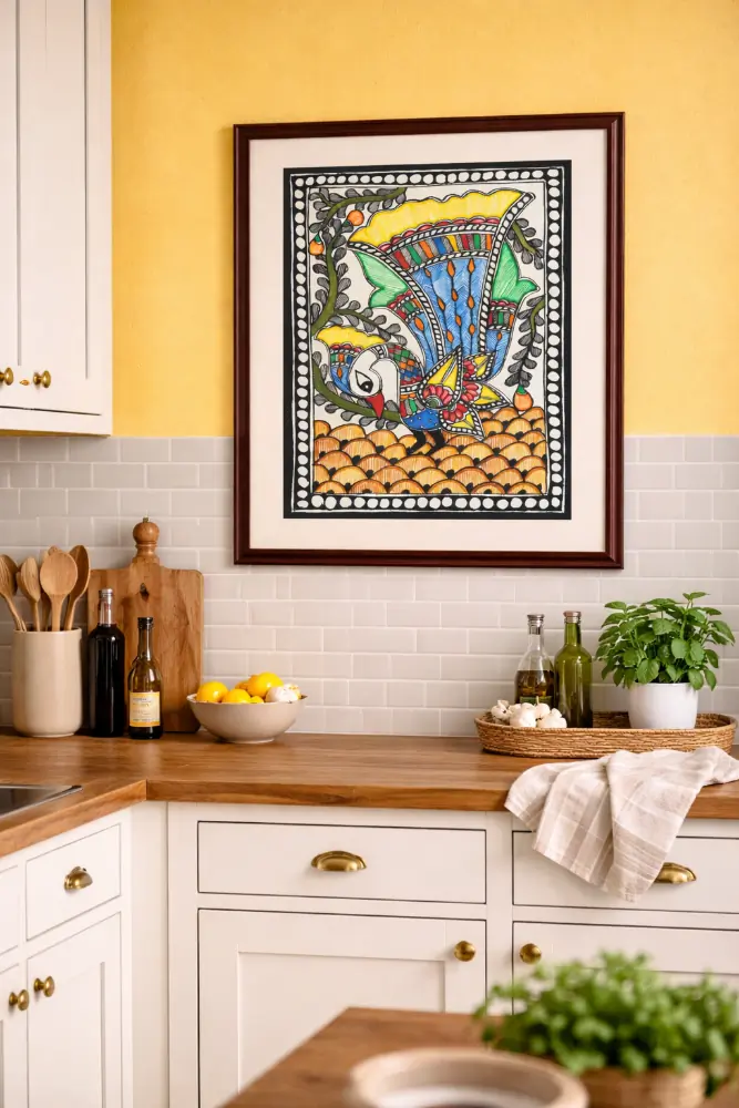 Graceful Peacock Folk Madhubani Painting