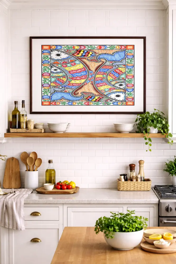 Vibrant Fish Motif Madhubani Painting