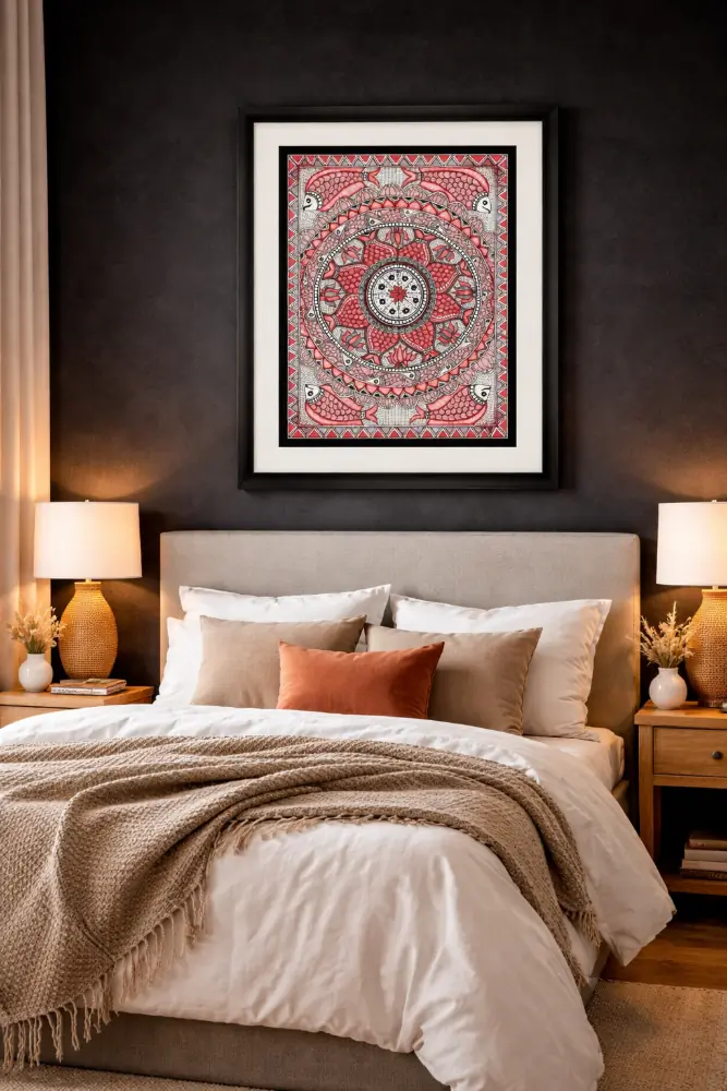 Crimson Mandala Fish Madhubani Painting