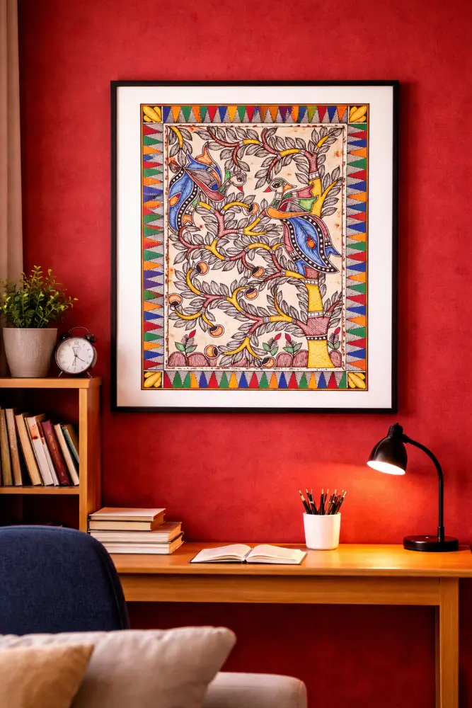 Twin Birds Tree Madhubani Painting