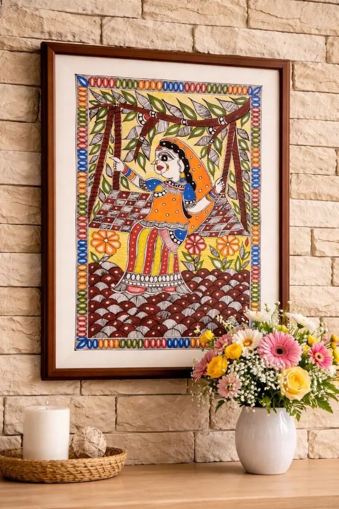 Woman on Swing Madhubani Painting