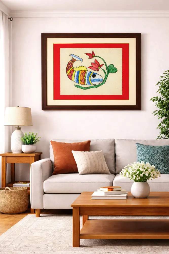 Matsya Bloom Framed Sujani Handcrafted Fish Wall Art