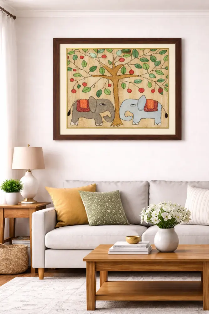Gaj Vriksha Harmony Framed Sujani Handcrafted Elephant Art
