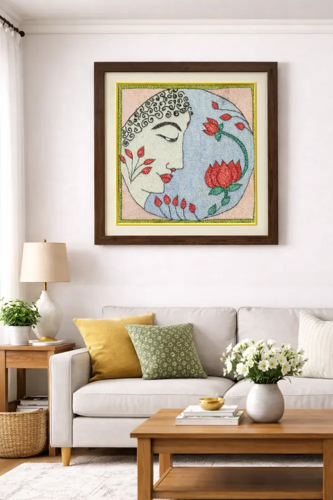 Padma Shanti Framed Sujani Handcrafted Woman & Lotus Art
