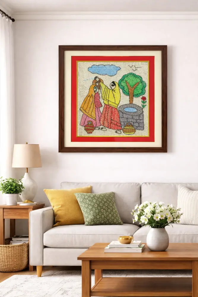 Gramin Milan Framed Sujani Handcrafted Village Life Art