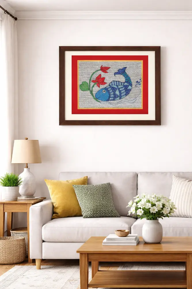 Neel Matsya Bloom Framed Sujani Handcrafted Fish Art