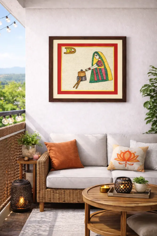 Gramin Rasoi Framed Sujani Handcrafted Cooking Scene Art