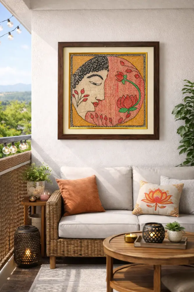 Padma Roop Framed Sujani Handcrafted Woman & Lotus Art