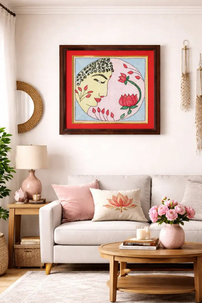 Padma Saundarya Framed Sujani Handcrafted Woman & Lotus Art