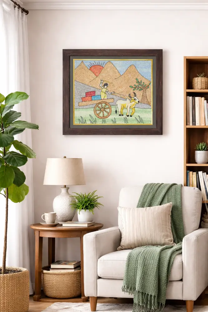 Pahadi Safar Framed Sujani Handcrafted Bullock Cart Art