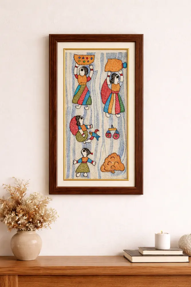 Gramin Jeevan Leela Framed Sujani Handcrafted Village Life Panel Art