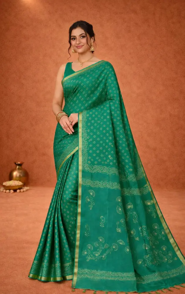 Emerald Grace Handwoven Green Cotton Silk Saree