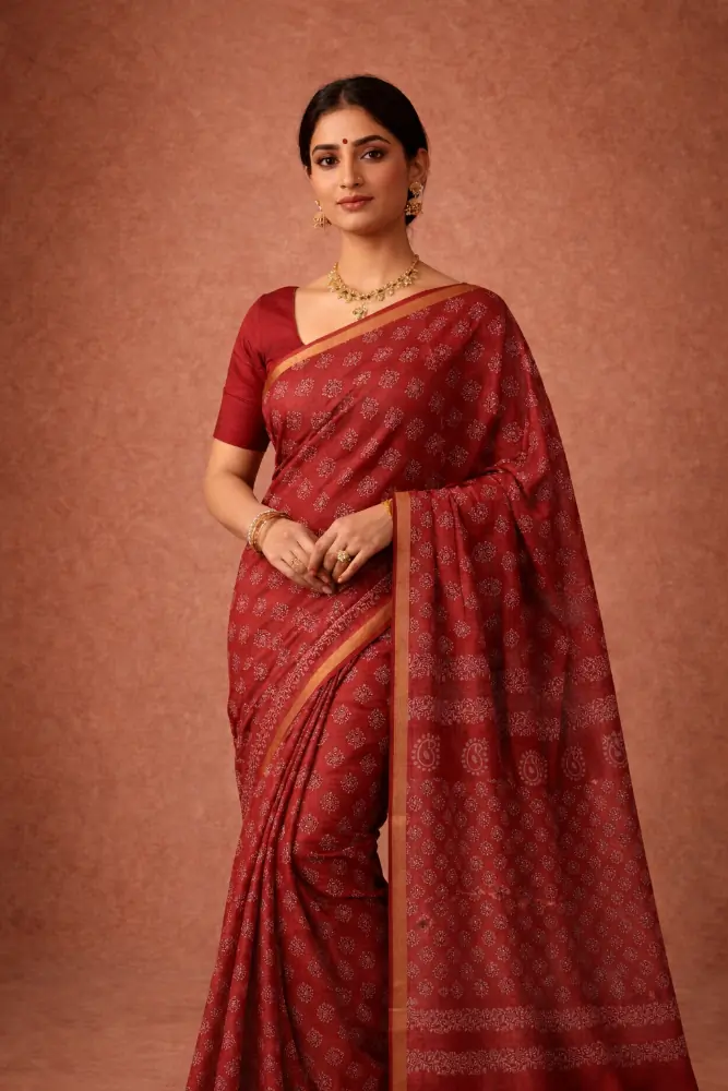 Ruby Elegance Handwoven Red Cotton Silk Saree