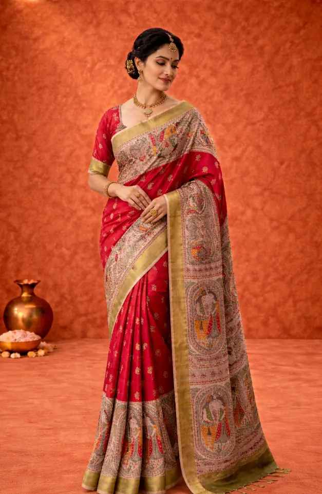 Rajsi Raga Handwoven Red Cotton Silk Saree with Heritage Print