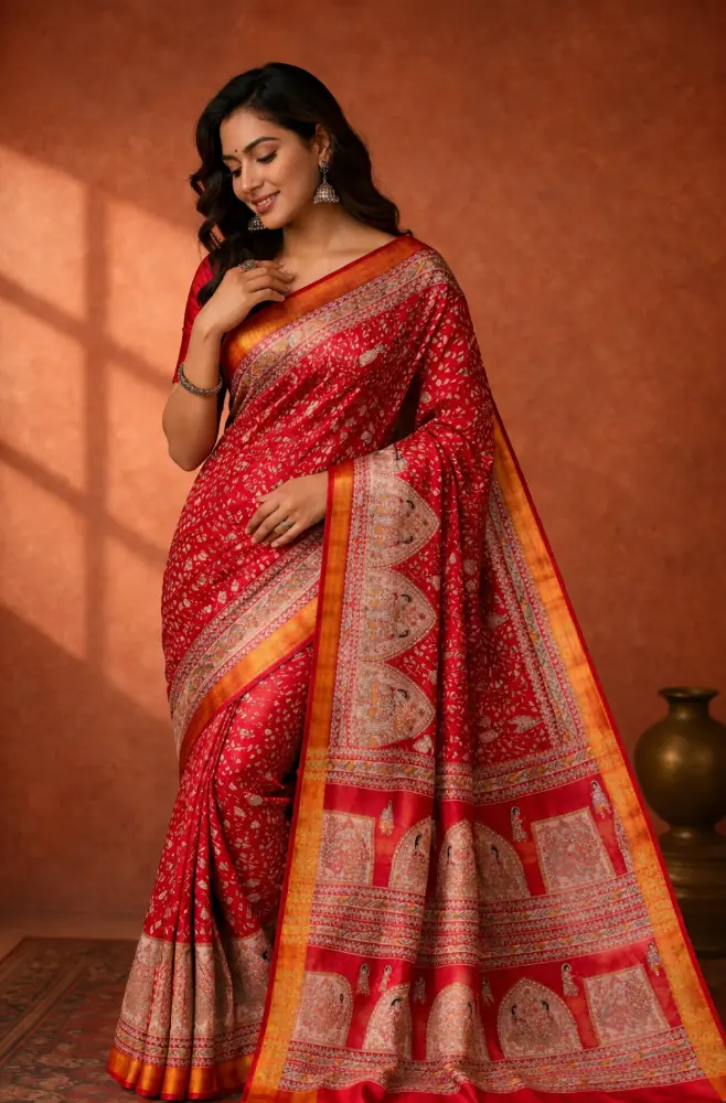 Rajwada Red Handwoven Cotton Silk Saree with Heritage Motifs