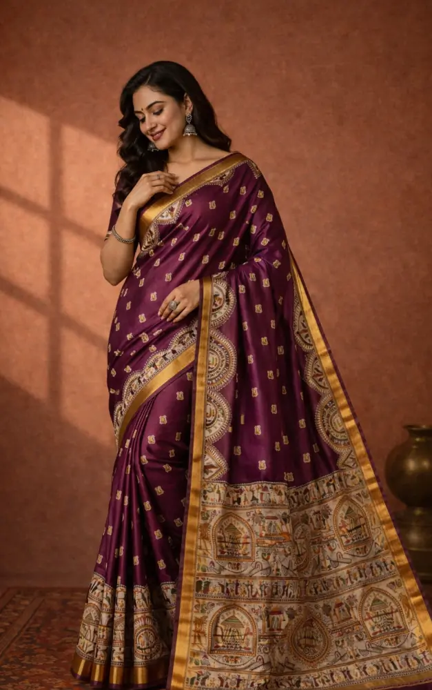 Royal Wine Heritage Handwoven Cotton Silk Saree with Storytelling Pallu