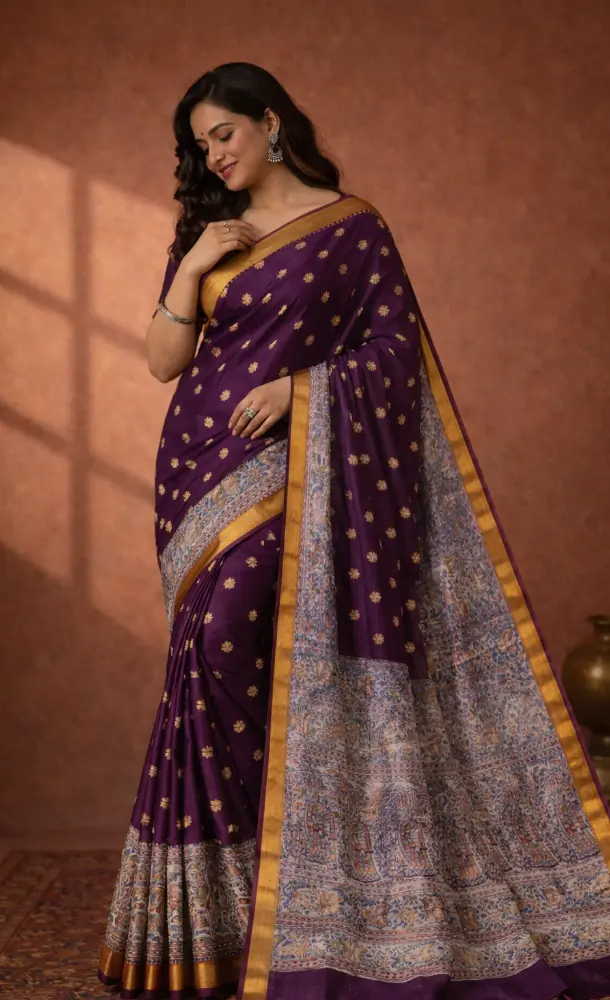 Royal Plum Heritage Handwoven Cotton Silk Saree with Artistic Narrative Pallu