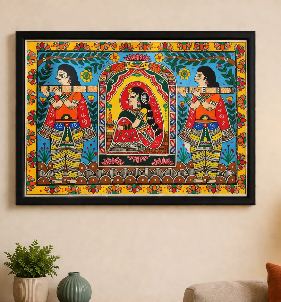 Royal Folk Harmony Handmade Madhubani Couple & Musician Painting