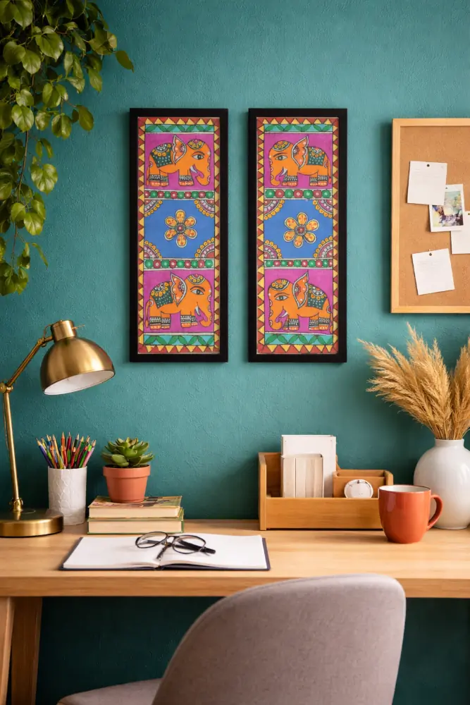 Royal Elephant Harmony Handmade Madhubani Wall Art Set of 2 (Unframed)