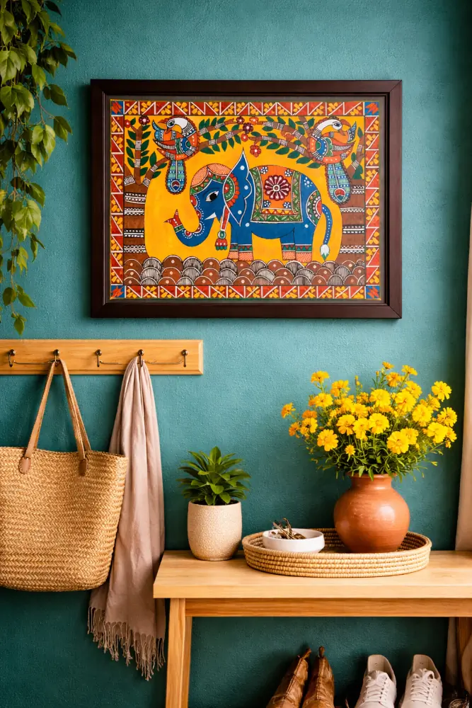 Royal Blue Elephant Madhubani Art Handmade Folk Painting (Unframed)