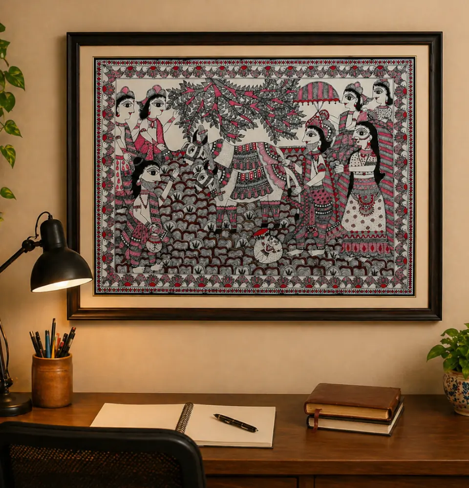Mithila Village Scene Madhubani Wall Art Traditional Folk Painting