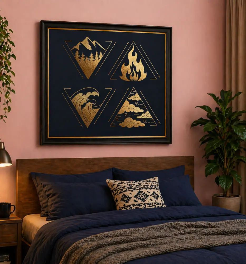 Four Elements Gold Foil Wall Art Earth, Fire, Water & Air Symbol Artwork