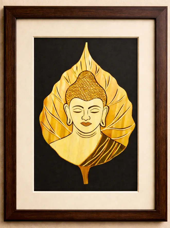 Handicraft Buddha’s tranquil face on a Bodhi leaf