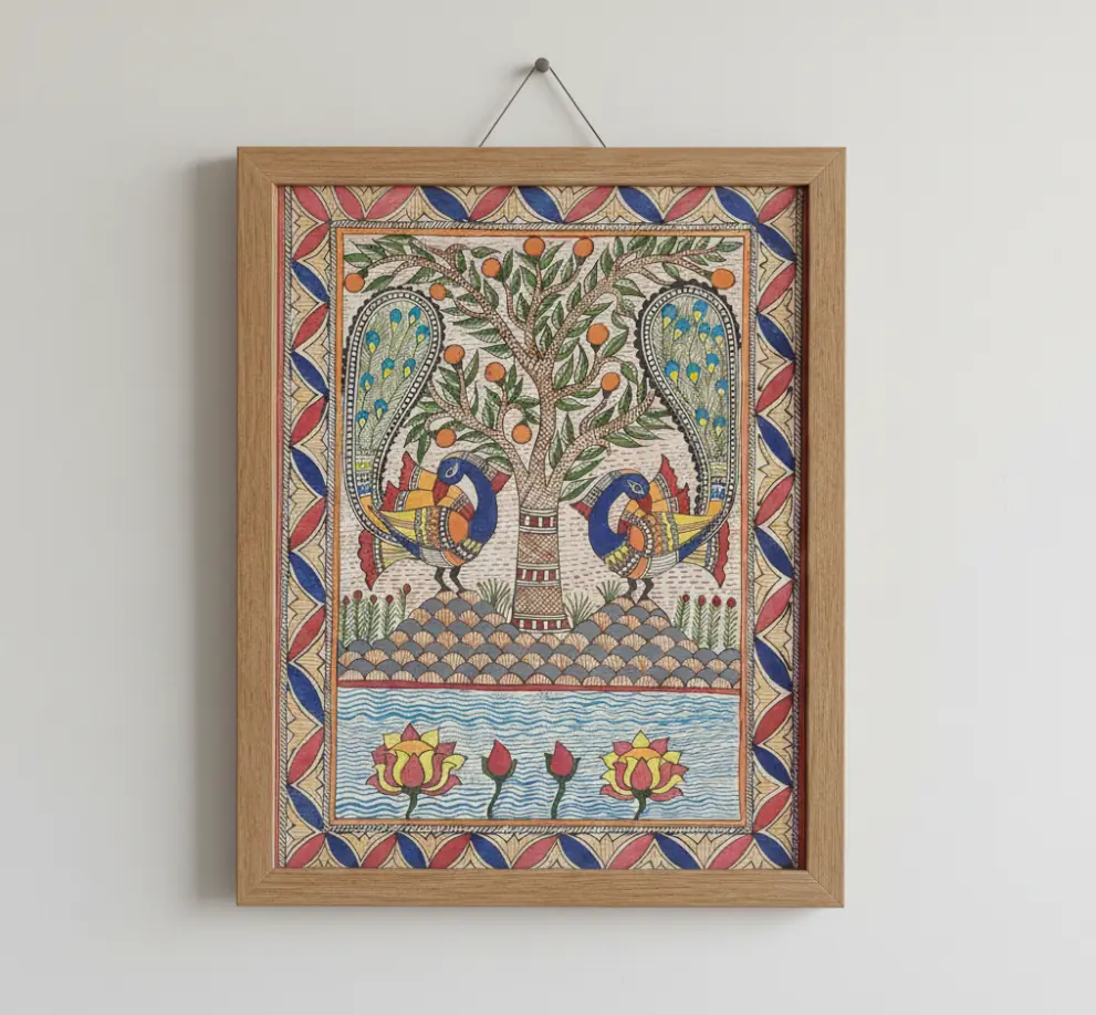 Handcrafted Madhubani Painting Peacocks and Tree of Life