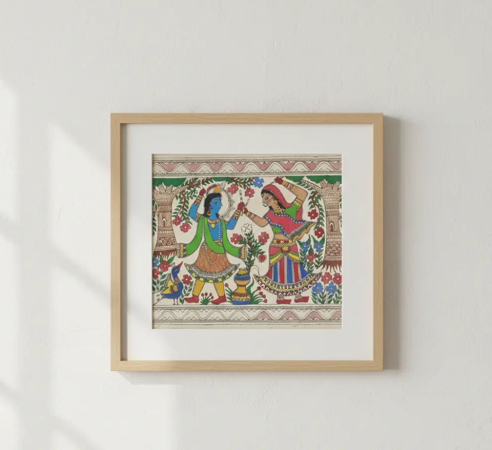 Handmade Madhubani Painting  Krishna and Radha Playing Raas Leela