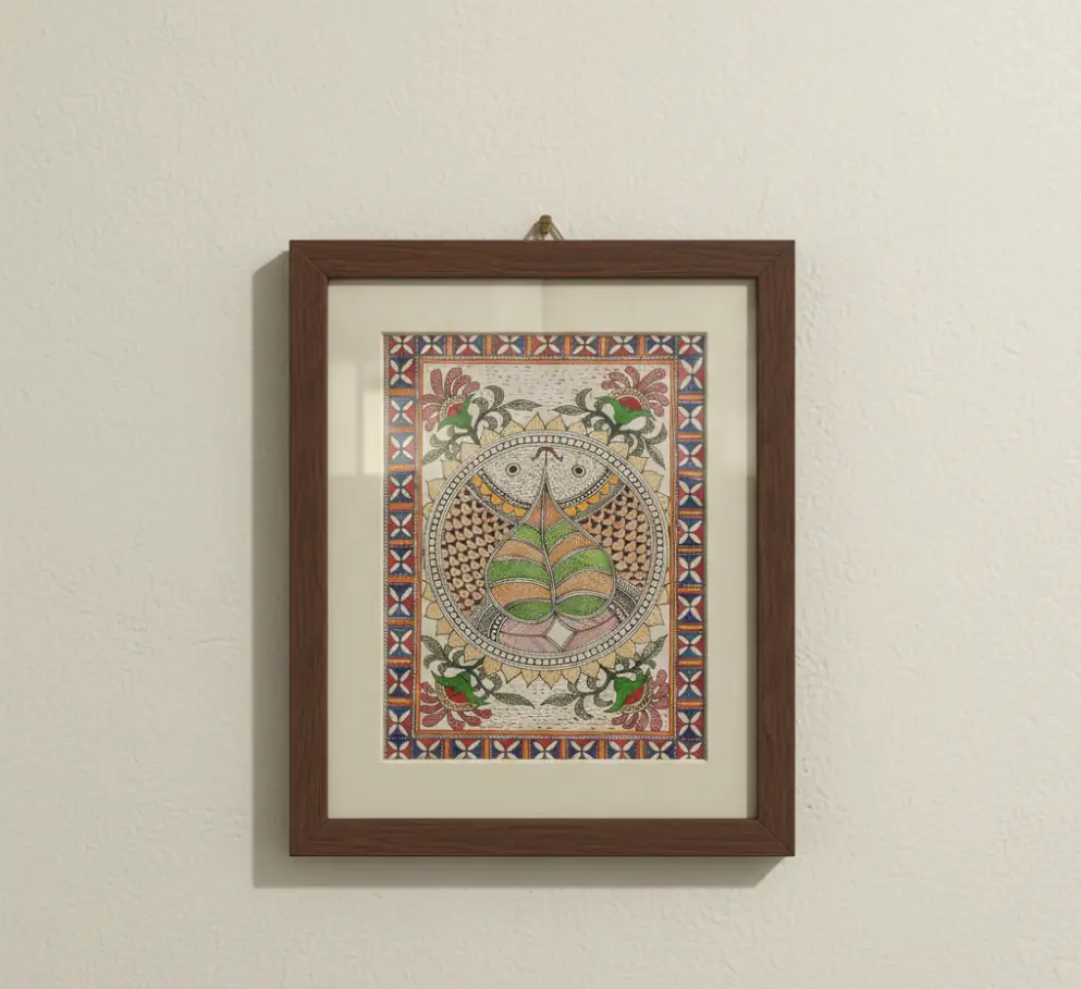 Handcrafted Madhubani Painting  Two Fish and Pipal Leaf