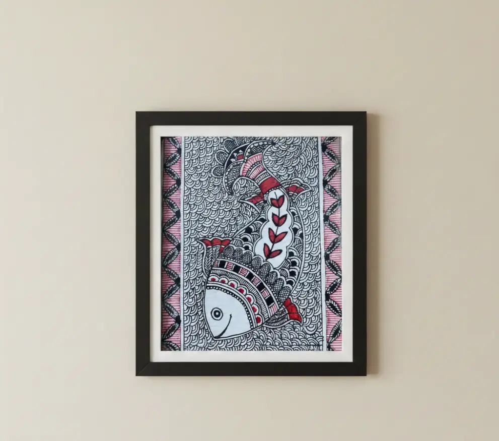 Handmade Madhubani Painting – Auspicious Fish Motif
