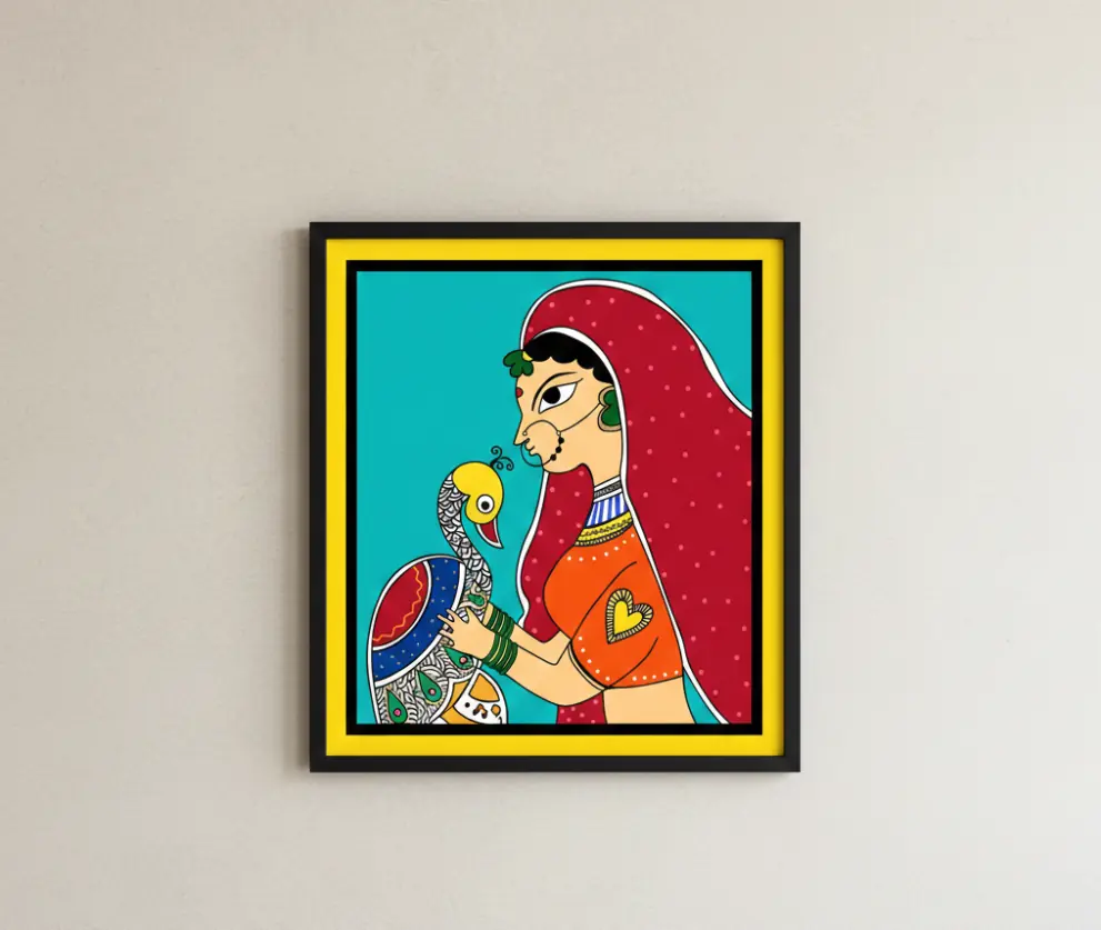 Handmade Madhubani Painting – Woman with a Peacock