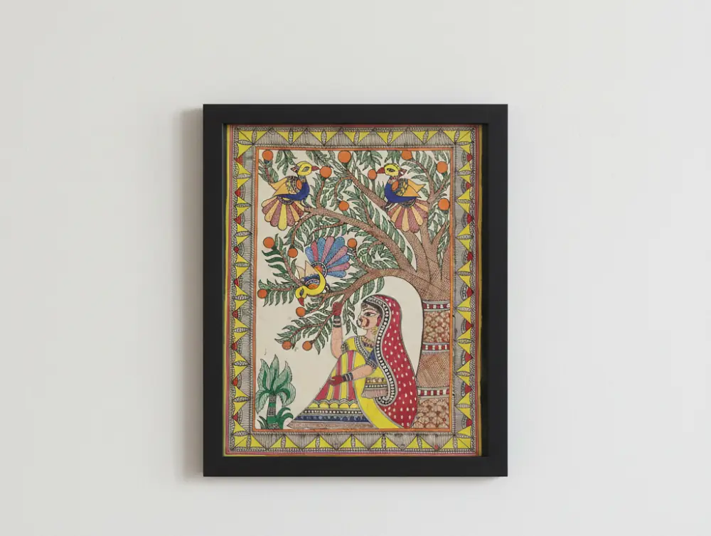 Handcrafted Madhubani Painting Woman Under a Tree with Birds