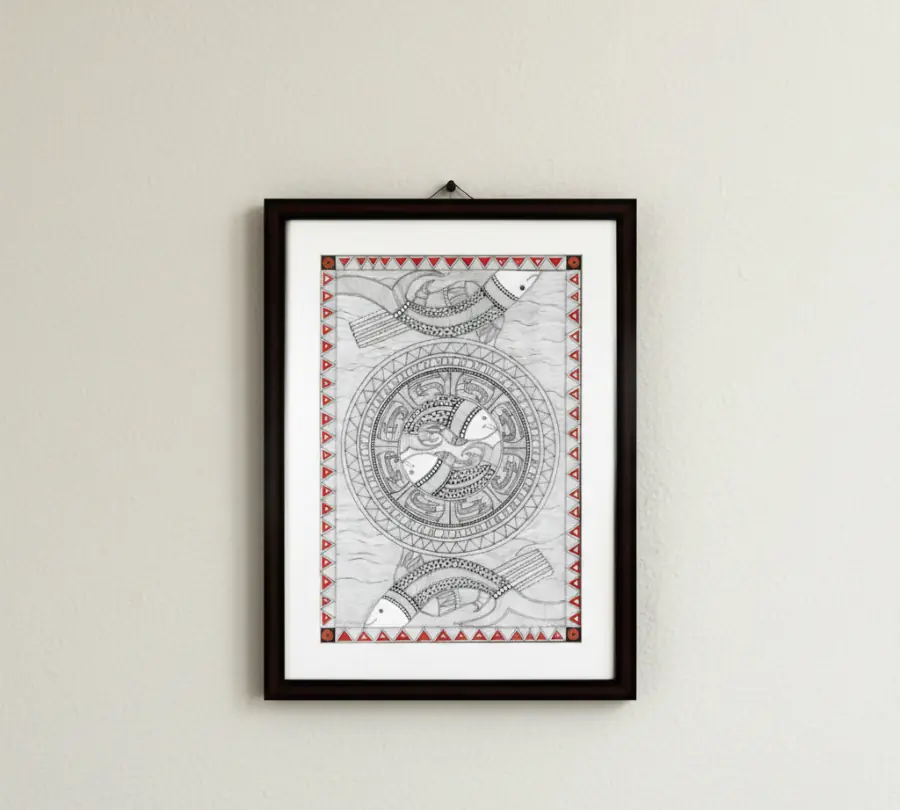 Handcrafted Madhubani Painting – Fish Motif in Monochrome