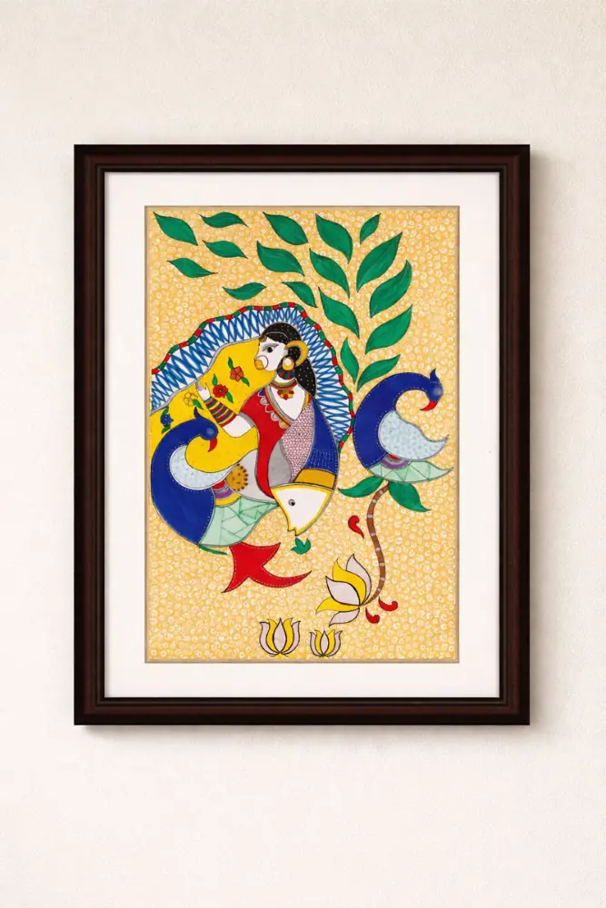 Handmade Madhubani Painting – Woman with Peacocks and Fish