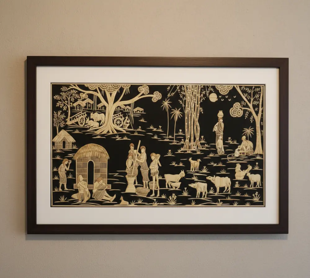 Handcrafted Sikki Grass Art  Rural Village Scene